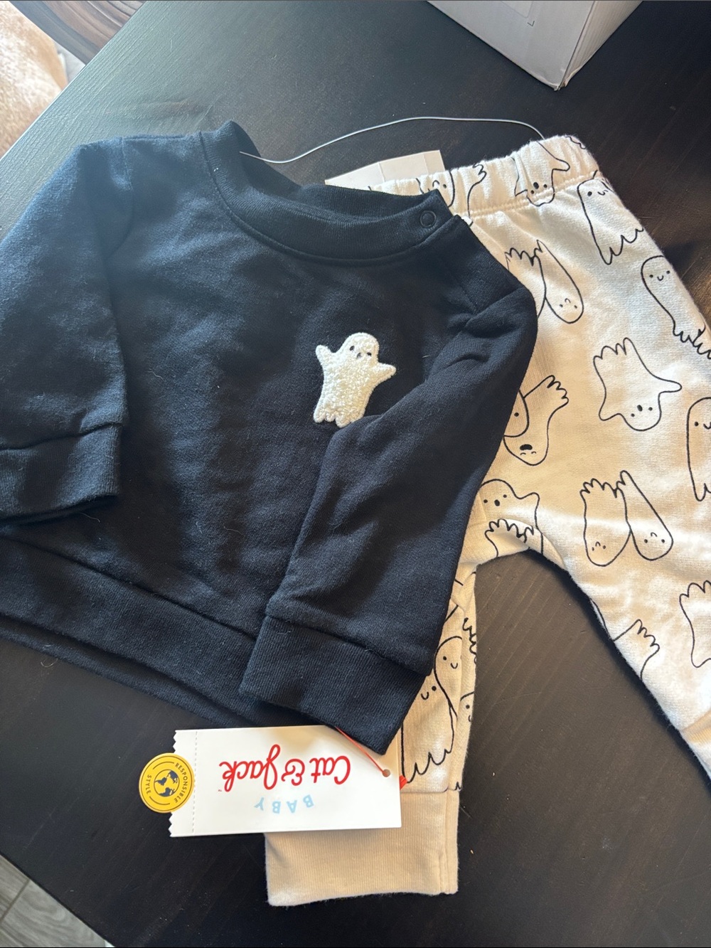 Cat & Jack Black Top with Cream Ghost Print Pants Baby Set